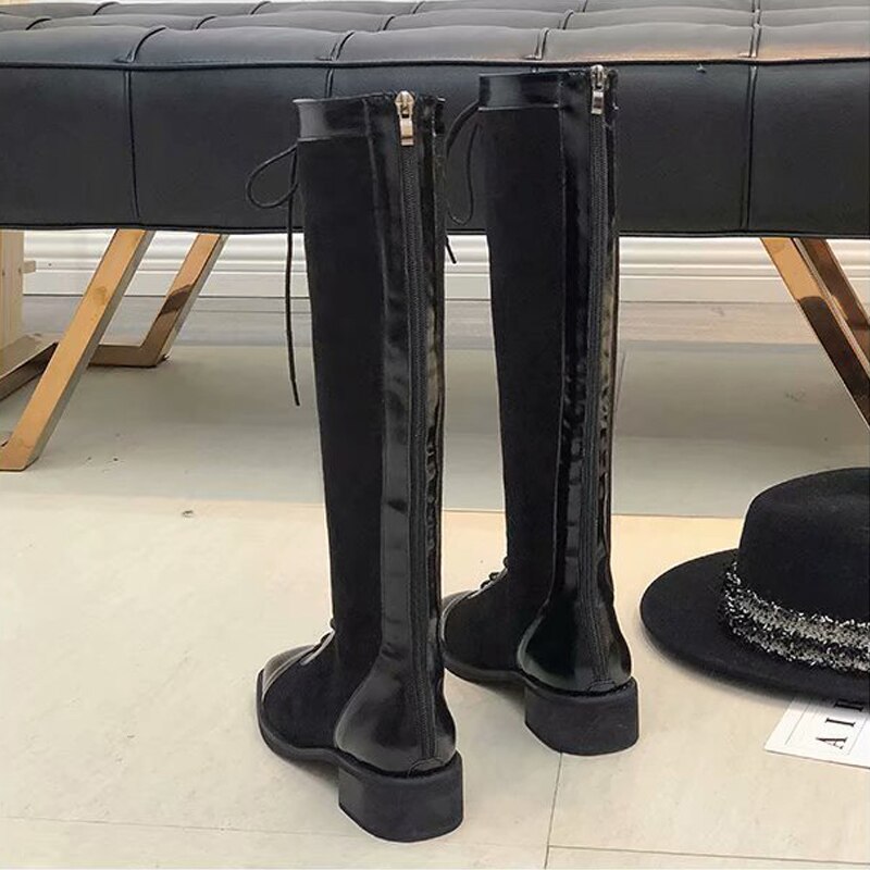 Automne bottes hautes pour femmes dos fermeture éclair microfibre cuir Plus velours chaussures pour femmes talon carré romain chevalier botte grande taille 42