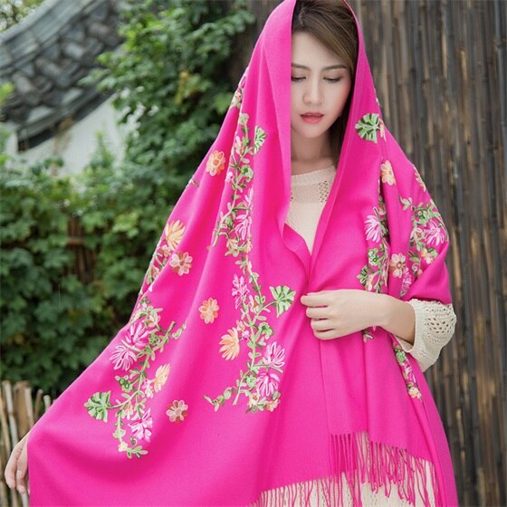 Borduren Bloemen Sjaal Vrouwen Kasjmier Katoen Viscose Sjaals Soild Plain Borduur Sjaals Moslim Kwasten Hijaabs GP02: Rose Rood