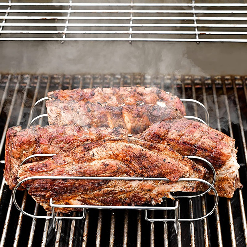 Rib Roasting Rack Holds 4 Ribs,Slot BBQ Stand with 2 Easy Grip Handles,For Oven and Grill,Etc,With Sauce Basting Brush