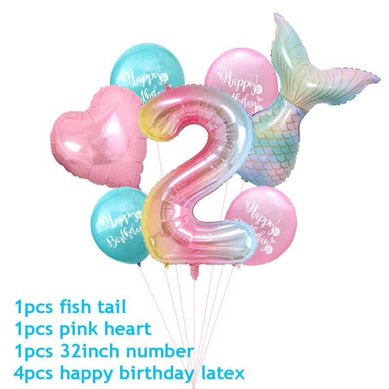 7pcs/lot Mermaid Party Balloons Number Foil Balloon Kids Birthday Party Decorations Baby Shower Decor Helium Globos supplies: 2