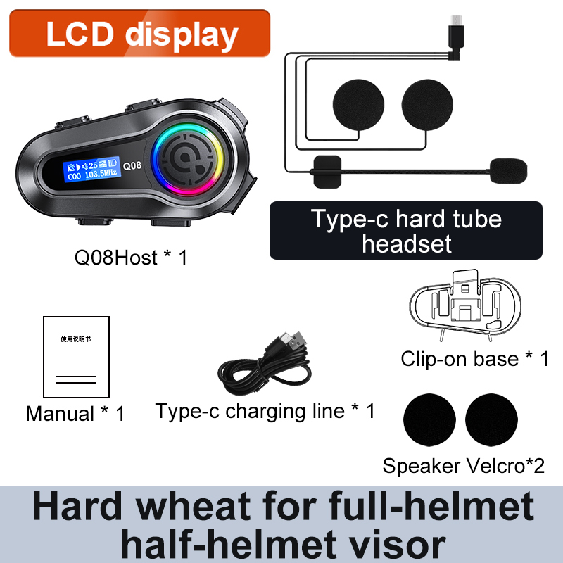 Q08 Motorcycle Helmet Bluetooth Headset EQ Sound Effect HD LCD Display IPX6 Waterproof Stereo FM Radio Stable Signal Headphone: Default Title