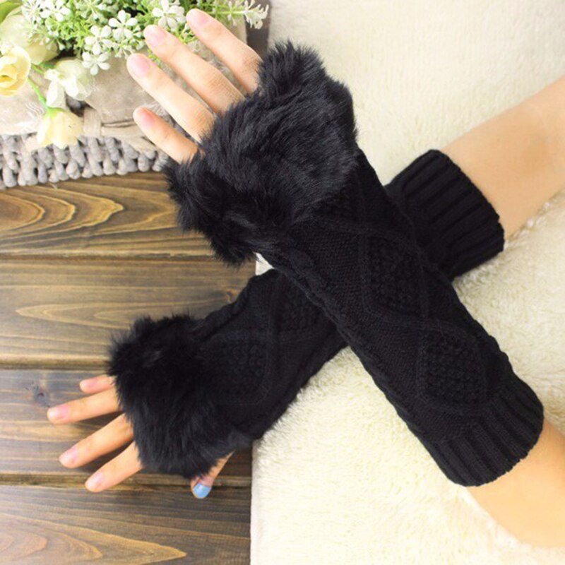 Kvinders handsker imiteret pels håndvarmere vinterhandsker kvinder arm hæklet faux uld vanter strikkede varme fingerløse handsker: Sort