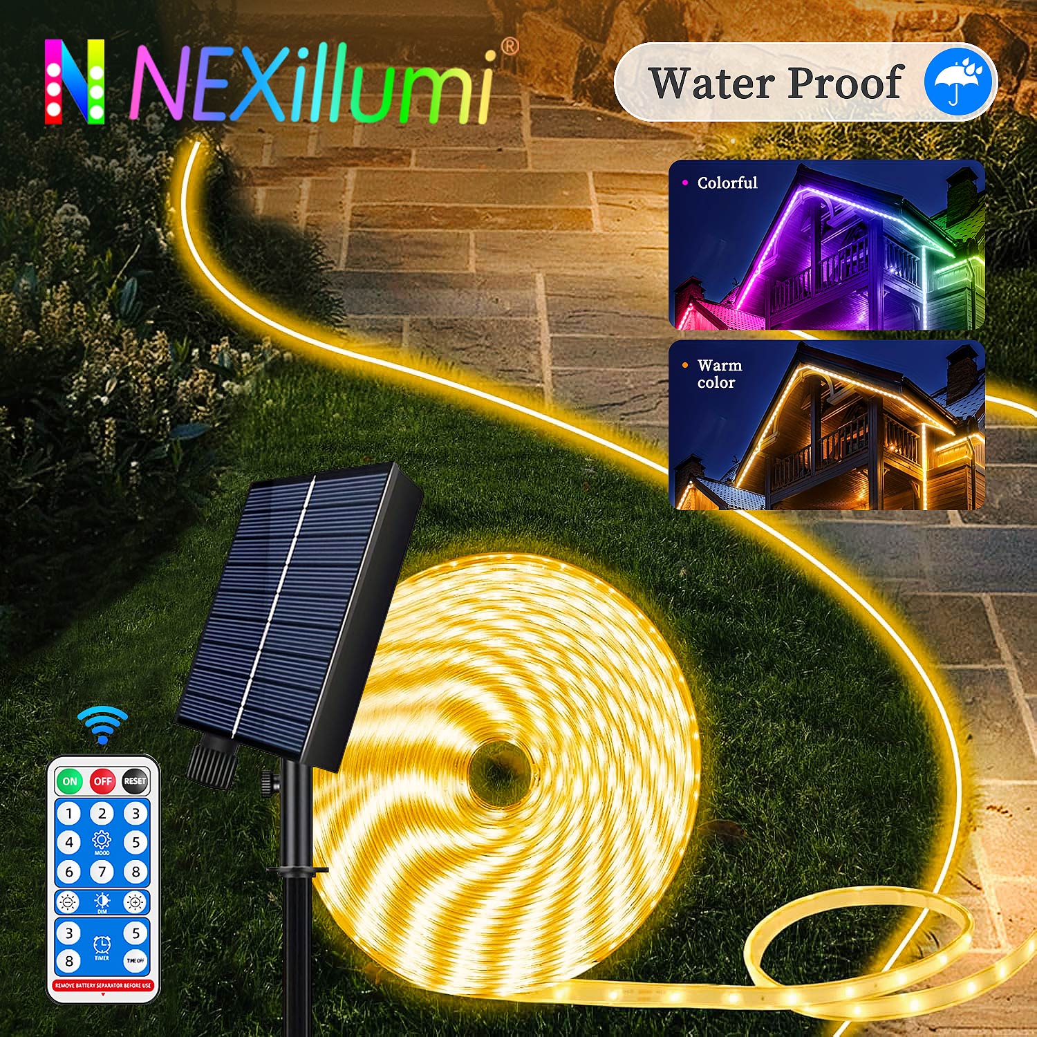Meerkleurige of warmwitte LED-stripverlichting op zonne-energie voor buiten, afstandsbediening met 8 verlichtingsmodi, IP67 waterdicht voor tuinhuis