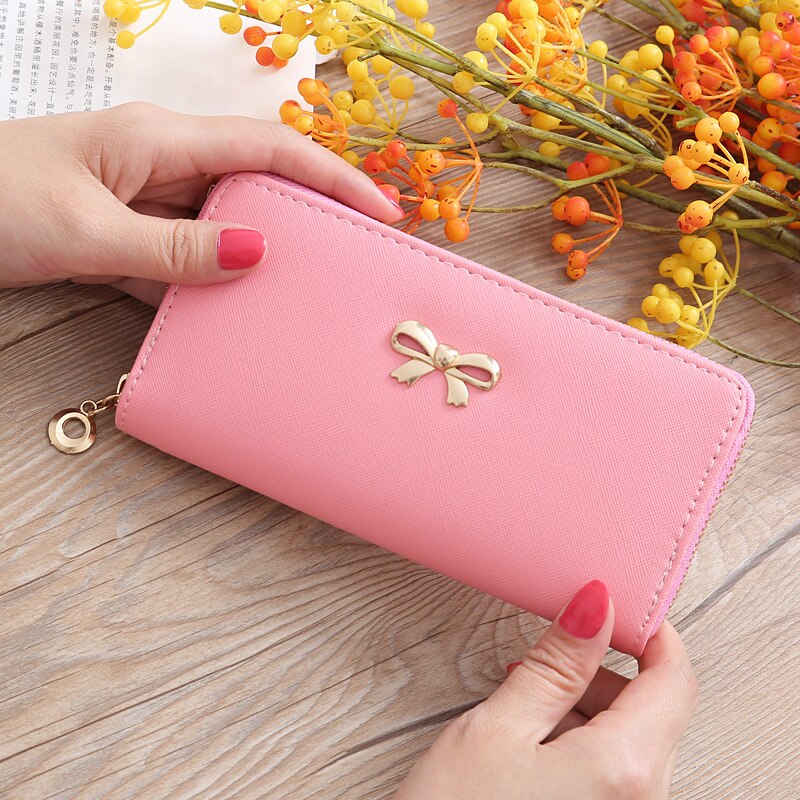 Kaarten Wallet Dames Leuke Strik Vrouwen Lange Portemonnee Effen Kleur Clutch Bag Pu Lederen Portemonnee Telefoon Kaart houder Tas: Pink Color