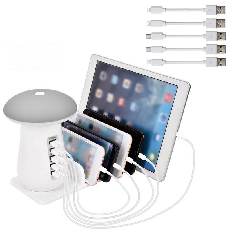 Flere usb telefonlader sopp nattlampe lading 5 porter stasjon stå dock  qc 3.0 hurtiglader til mobiltelefon nettbrett