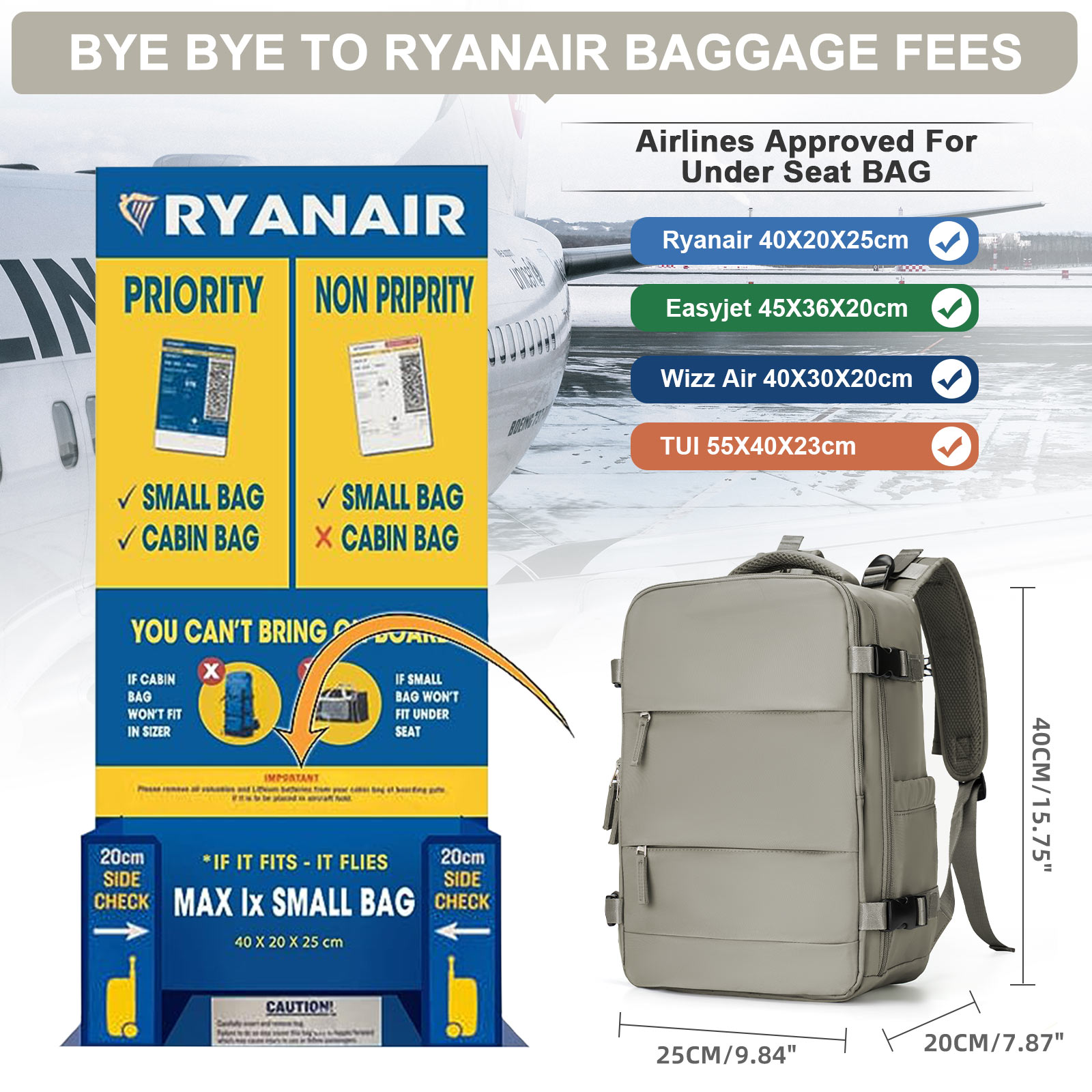 Borsa da cabina 40:*25:*20, zaino da viaggio ad alta capacità approvato dalla compagnia aerea, borsa per laptop da lavoro impermeabile appositamente progettata per uomo