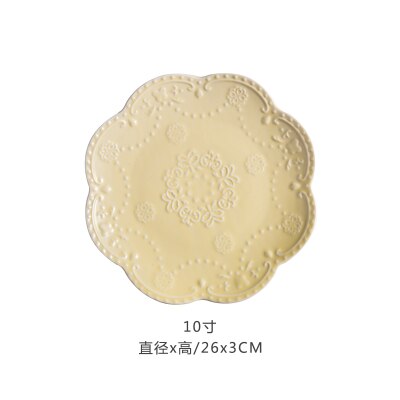 Assiette à fruits en relief chinoise, assiettes à salade, plateau en céramique, disque à Steak rose, gâteau, plat, accessoires de cuisine pour la maison, 6, 8, 10 pouces: Light Yellow 10 inch