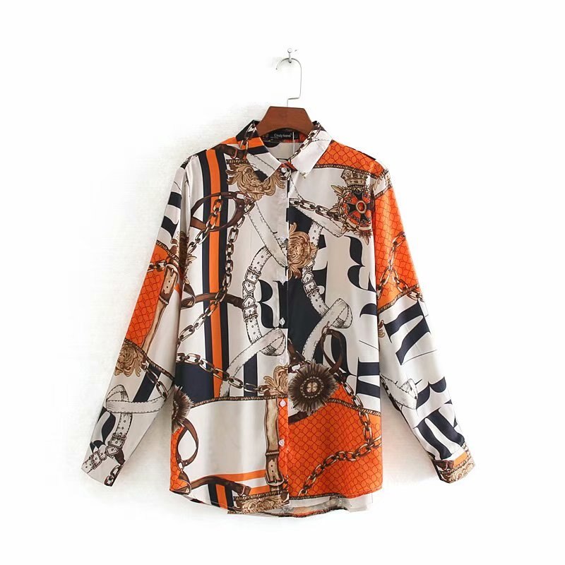 Camisa vintage para mujer, con estampado de cadena a juego, blusa de negocios de manga larga para mujer, blusas retro chic de otoño LS4311: L