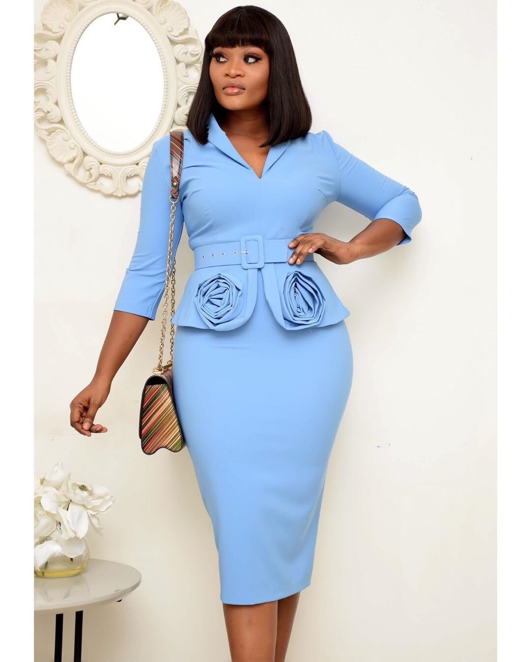 African Women's Midi Dresses Office Ladies Temperament Dress V-Neck Slim Bag Hip 3/4 Sleeves Printed Business Dress Fas: Sky Blue / M