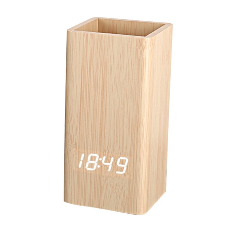 Voice Control Digitale Houten Pennenhouder Wekker Creatieve Student Desktop Usb/Battery Operated Led Potlood Organisator: Bamboo wood