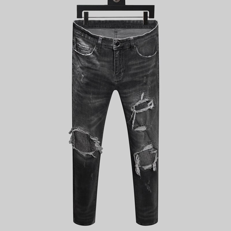 Streetwear heren jeans zwart grijs slim fit destroyed ripped jeans heren patchwork punk broek merk hiphop jeans: 34