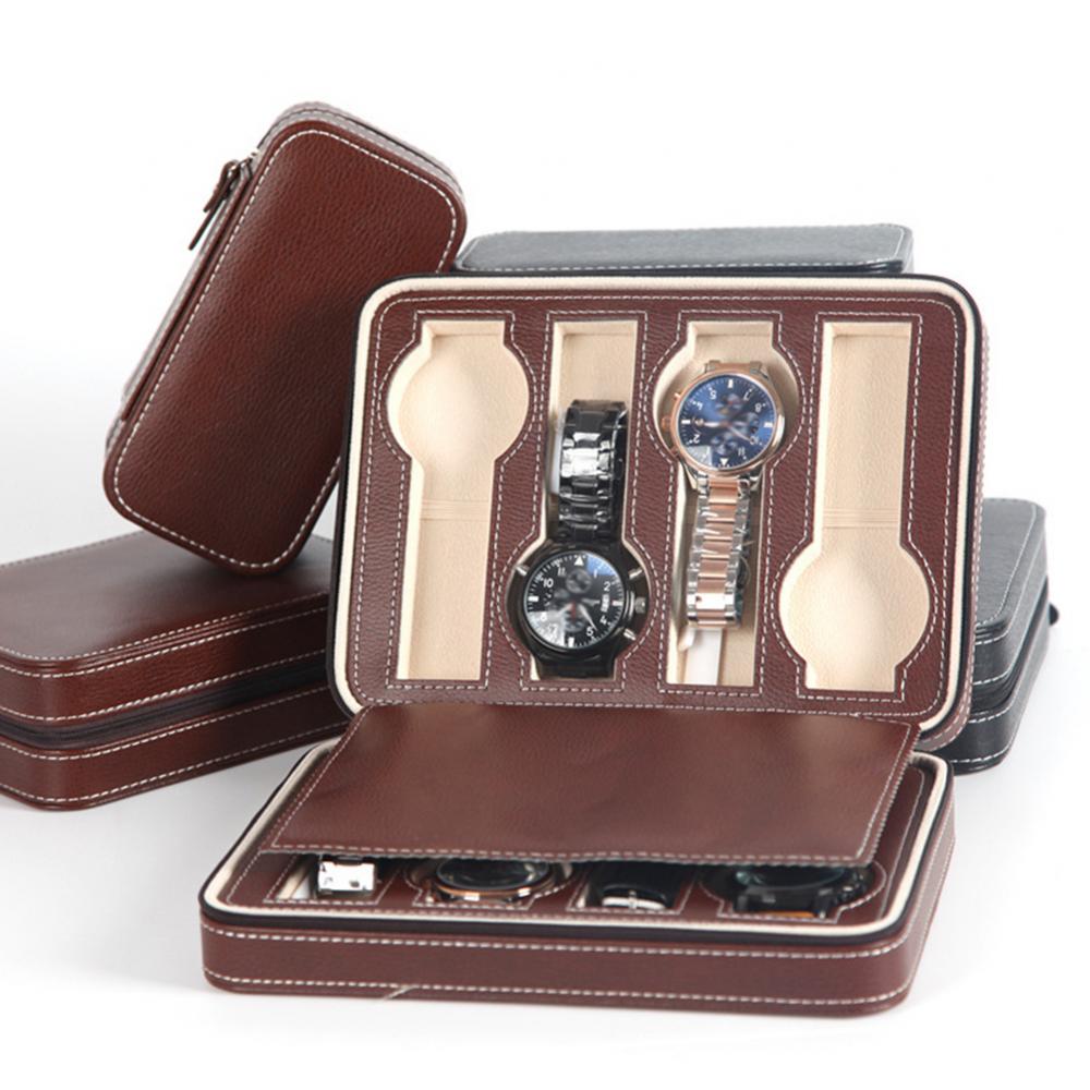 2/4/8 Grid Watch Jewelry Storage Box Faux Leather Zipper Multi-Functional Organizer Display Case Portable Watch Organizer