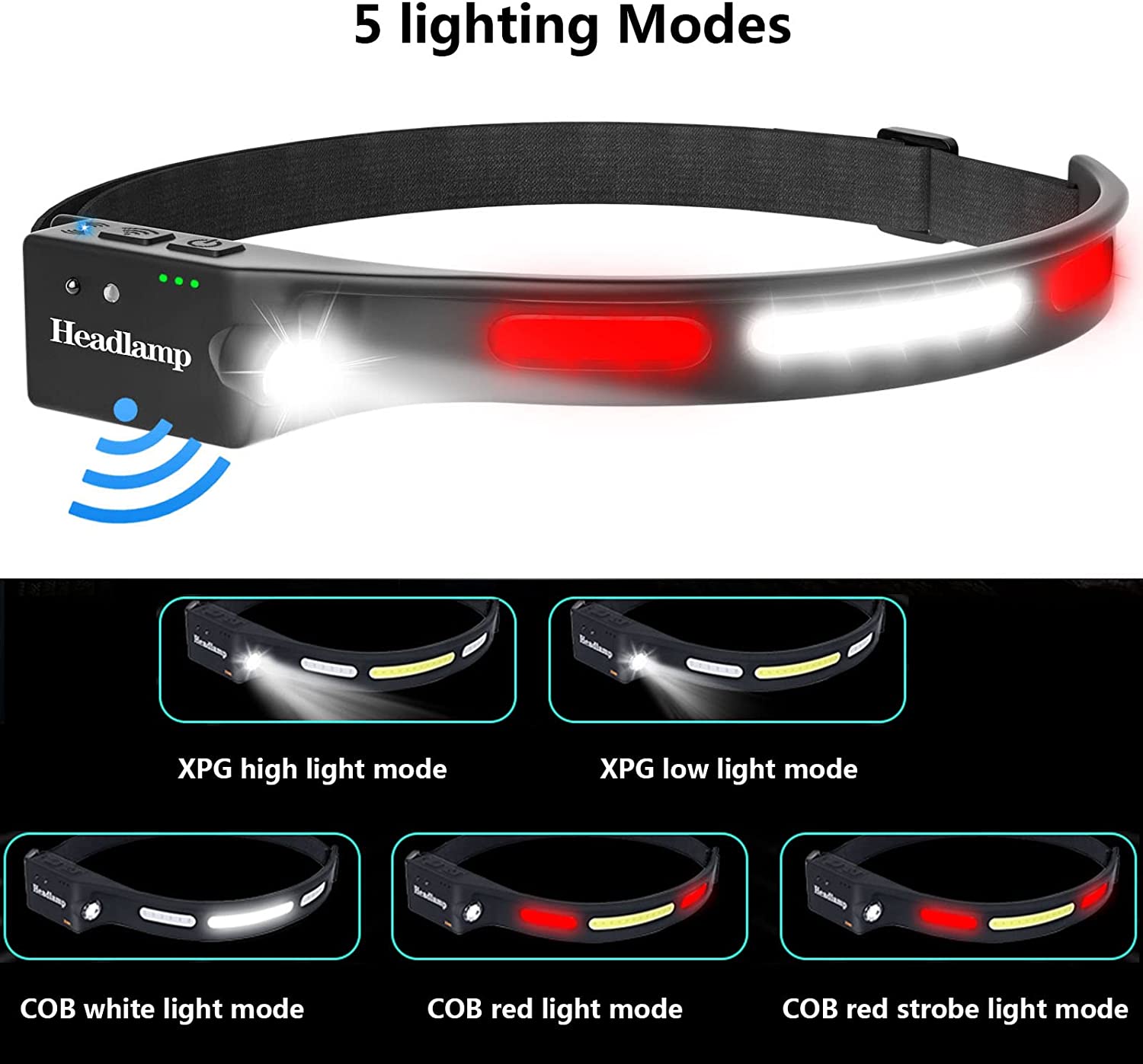 COB LED Headlamp USB Rechargeable Headlamp with Red light for Car 5 Models