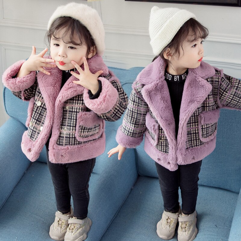 Flickor vinter rutig kappa baby sammet prinsessa förtjockad koreansk stil lapel jacka