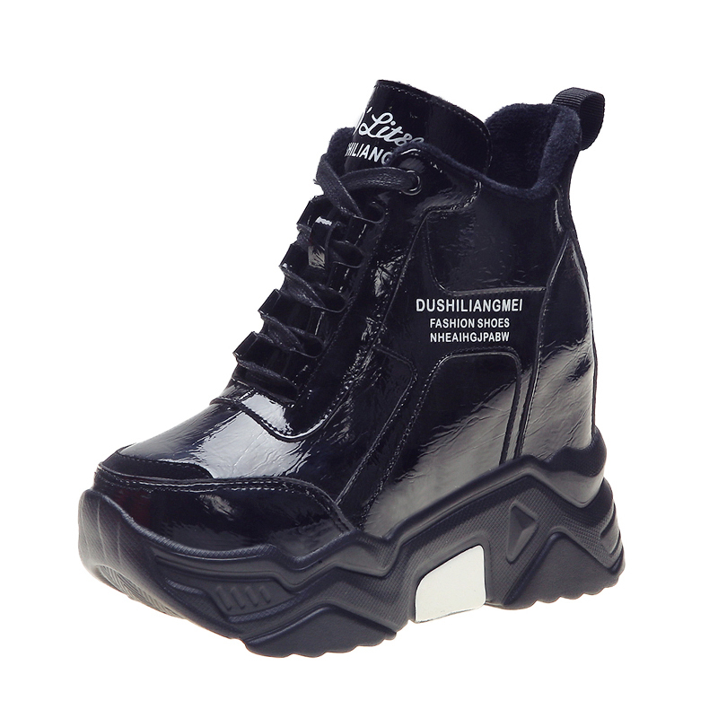 Højbund kvinder støvler sne varme vinter sneakers pu metal sølv støvler botas damer højde stigende 10cm platform støvler mujer: Sort / 8