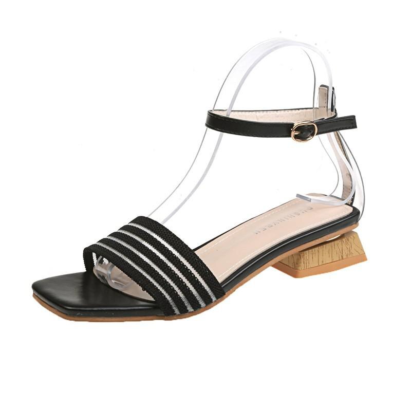 Gebreide Lage Hak Sandalen Vrouwen Hout Hak Open Teen Snoep Kleuren Zomer Stretch Stof Sandalen Dames Vierkante Teen Hakken Vrouwen: Black / 35