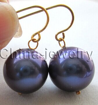 Beautiful 14mm deep blue perfect round sea shell pearl earring &gt;Lovely Fine Nobility Lady&#39;s Women&#39;s Earrings