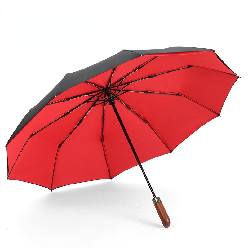 Ombrello pieghevole doppio automatico manico in legno femmina maschio ombrelli da uomo di grandi dimensioni ombrello da pioggia per donna: doppio rosso