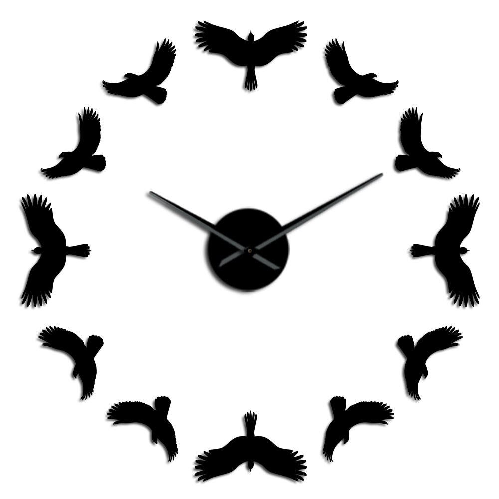 Vliegende Vogels 3D Diy Wandklok Eagle Vogel Vliegende Hoge In De Sky Wilde Leven Natuur Stille Quartz Muur Horloge met Spiegel Effect: Black / 27inch