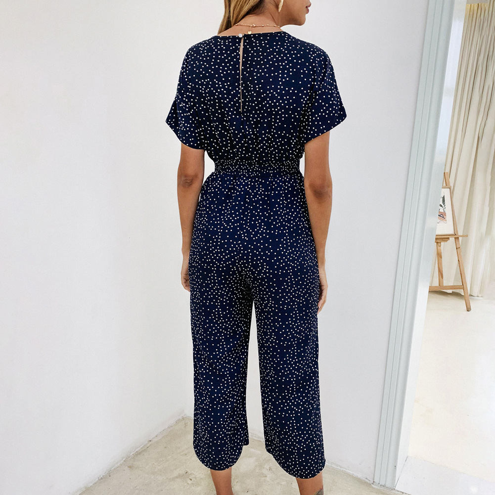 Sommer dame jumpsuits rompers casual polkaprikket print v-hals lomme overalls jumpsuit korte ærmer brede ben løs jumpsuit