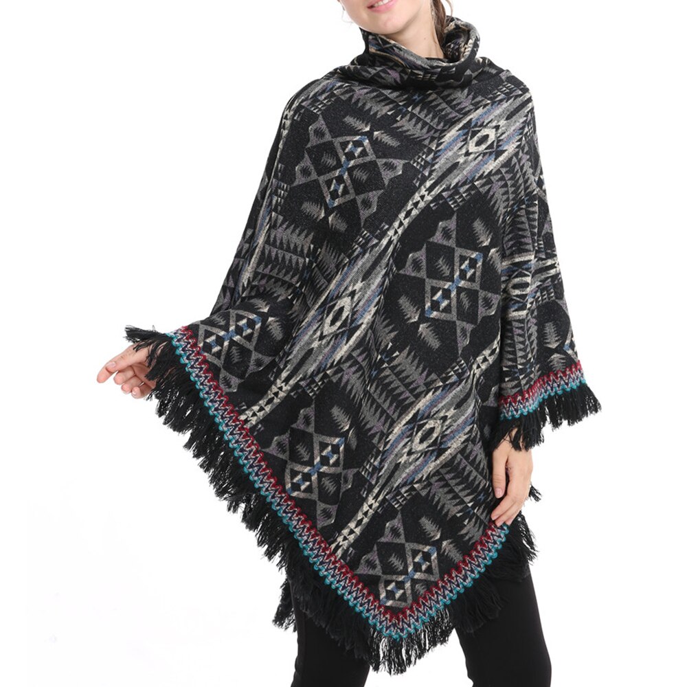 Moderigtig lang sektion høj krave jakke med frynsede sjal løs frakke print tyk sweater efterår
