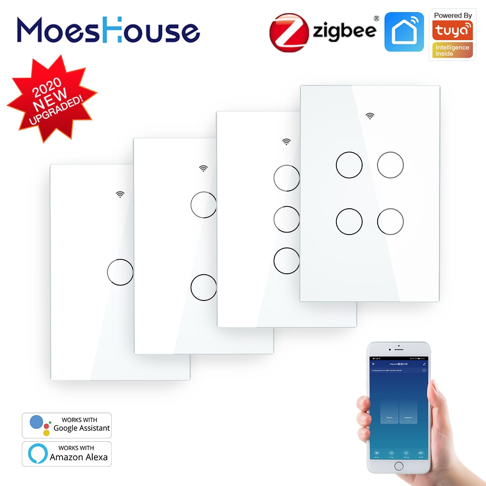 Zigbee Muur Touch Smart Lichtschakelaar Met Neutrale/Geen Neutraal, geen Condensator Smart Leven/Tuya Werkt Met Alexa,Google Hub Nodig