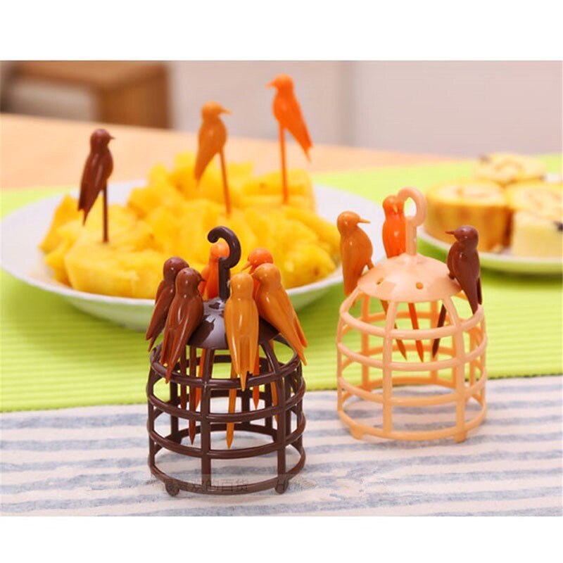 Leuke Miniatuur Vogelkooi Fruit Symbool Plastic Fruit Vork Dessert Fruit Teken Keuken Accessoires