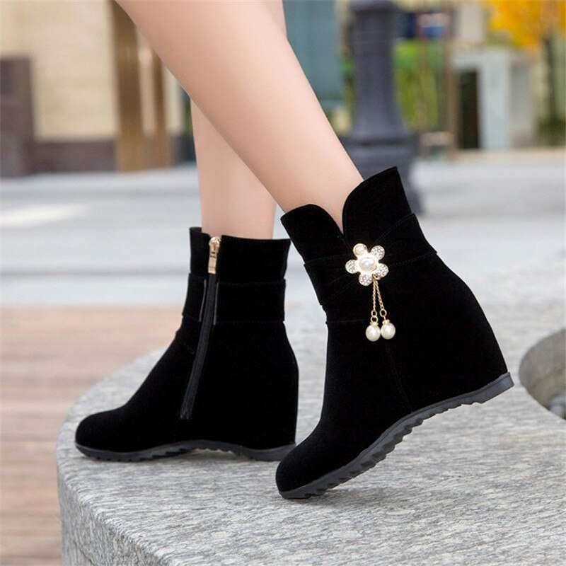 PXELENA fleur douce perle chaîne mariée mariage bottes chaussures d'hiver caché talons hauts Faux daim troupeau bottines rouge 43
