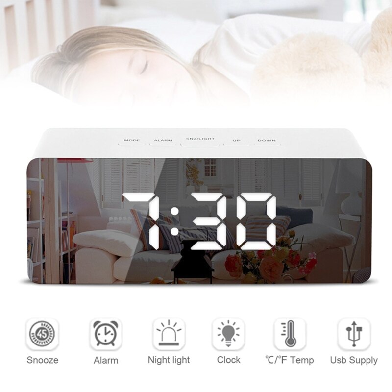 Digitale Led Spiegel Wekker Snooze Elektronische Grote Tijd Temperatuur Display Usb-poort Batterij Aangedreven