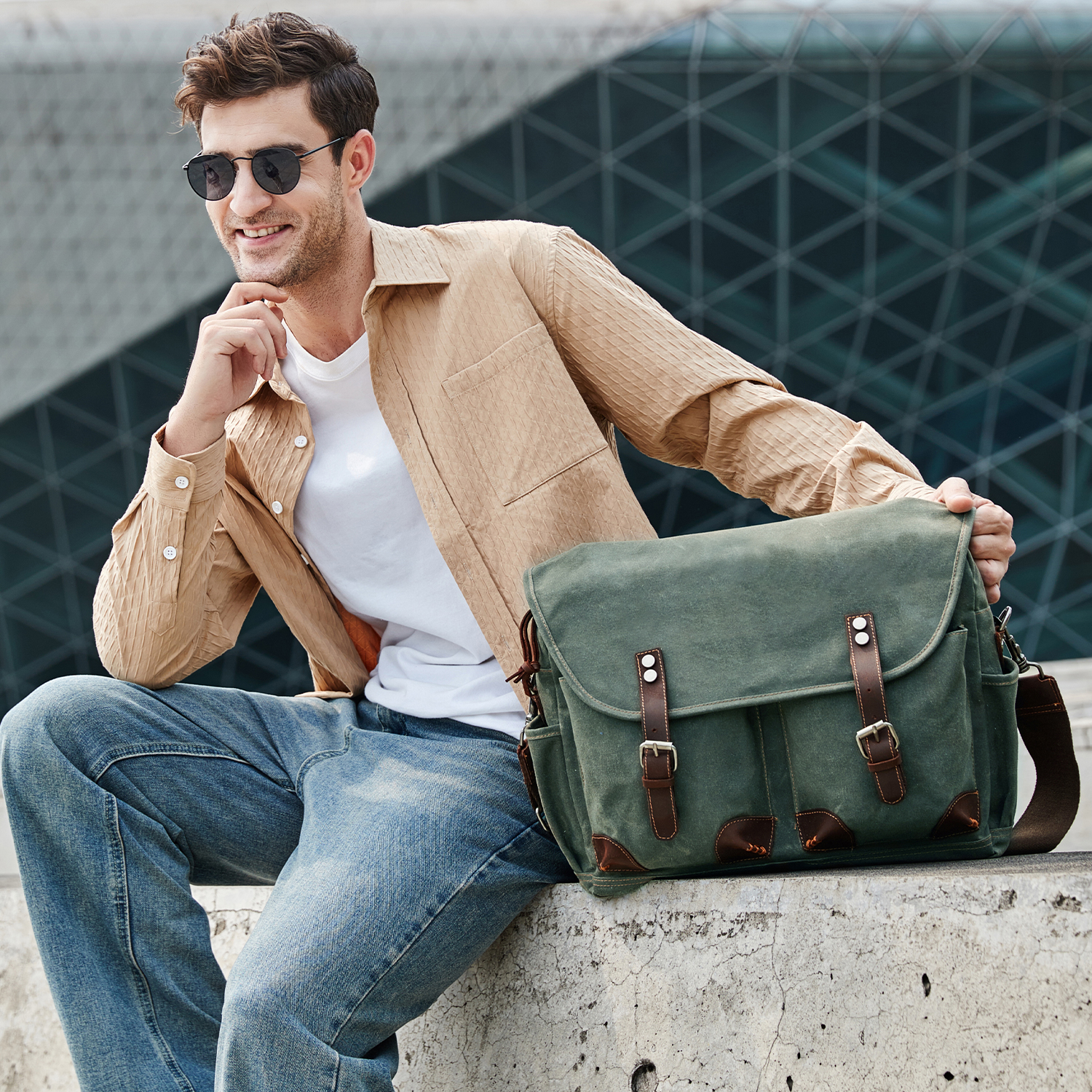 Men's Laptop Messenger Bag, 17 Inch Laptop Backpack Vintage Leather Slung Bag