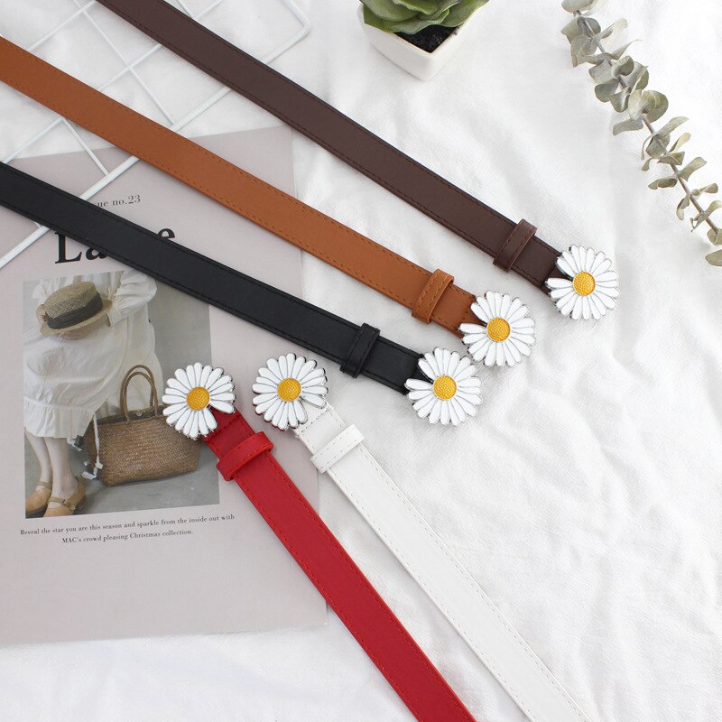 Lille daisy pu fint bælte kvinder linning koreansk stil studerende blomsterspænde personlighed glat spænde imiteret læder