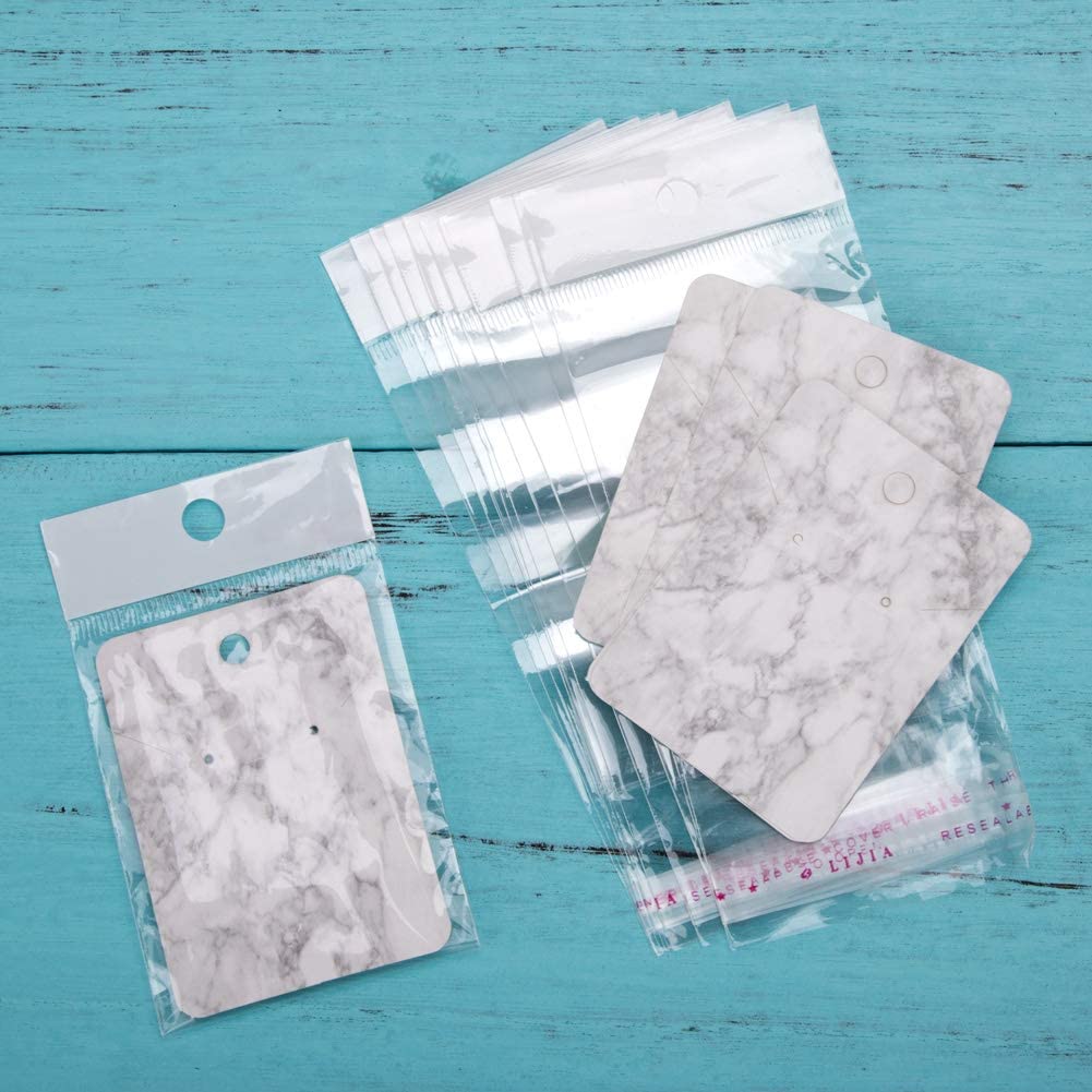 50pcs Paper Earring Display Cards with Self-Seal Bags Colorful Marbling DIY Handmade Packing Cards for Earring Stud Necklace