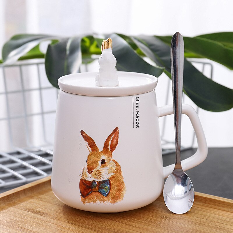 450ml cartoon konijnen keramische mok met deksel lepel handbeschilderde koffiemok melkbeker voor student jongen meisje: A