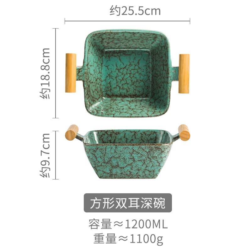 Retro Ceramic Dinner Plate with Wooden Handle Deep Dish Personality Household Restaurant Suchi Plate Ceramic Salad Bowl: d