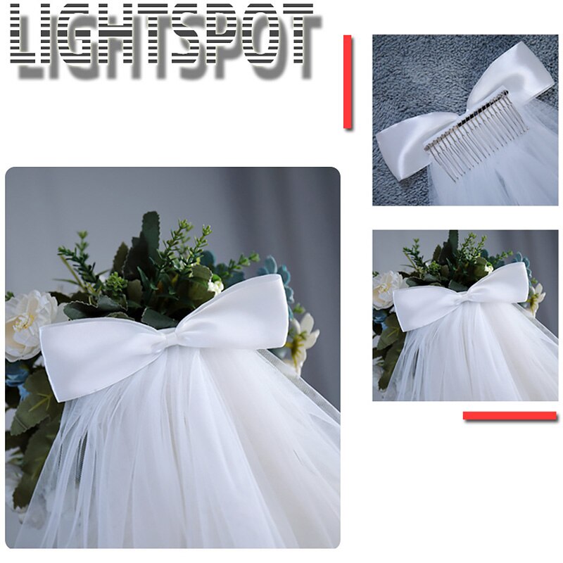 Velos cortos de tul para vestido de novia, cinta blanca con borde, lazo con peine para el pelo, velo para el cabello, accesorios de boda para novia