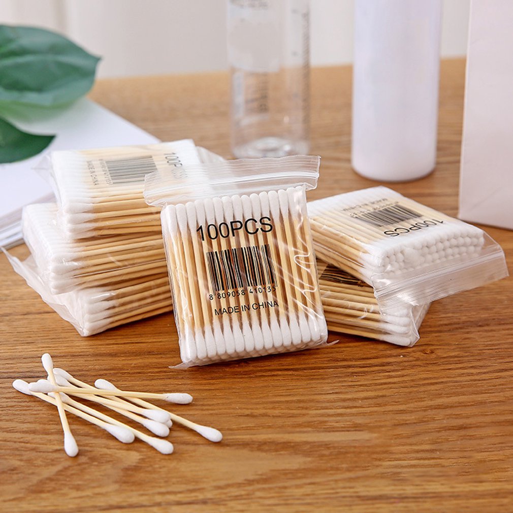 100 Soft Bag Wooden Stick Double-Headed Cotton Swab Sanitary Swab Beauty Stick Makeup Cotton Swab Stick