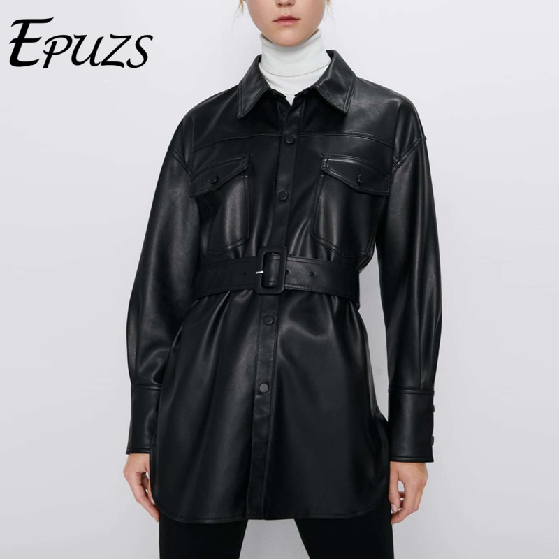 Nero Faux Delle Donne giacca di pelle Sottile DELL&#39;UNITÀ di elaborazione di Giubbotti Donne Elegante Della Cinghia del Legame Della Vita biker giacca Femminile cappotto di pelle pieno inverno