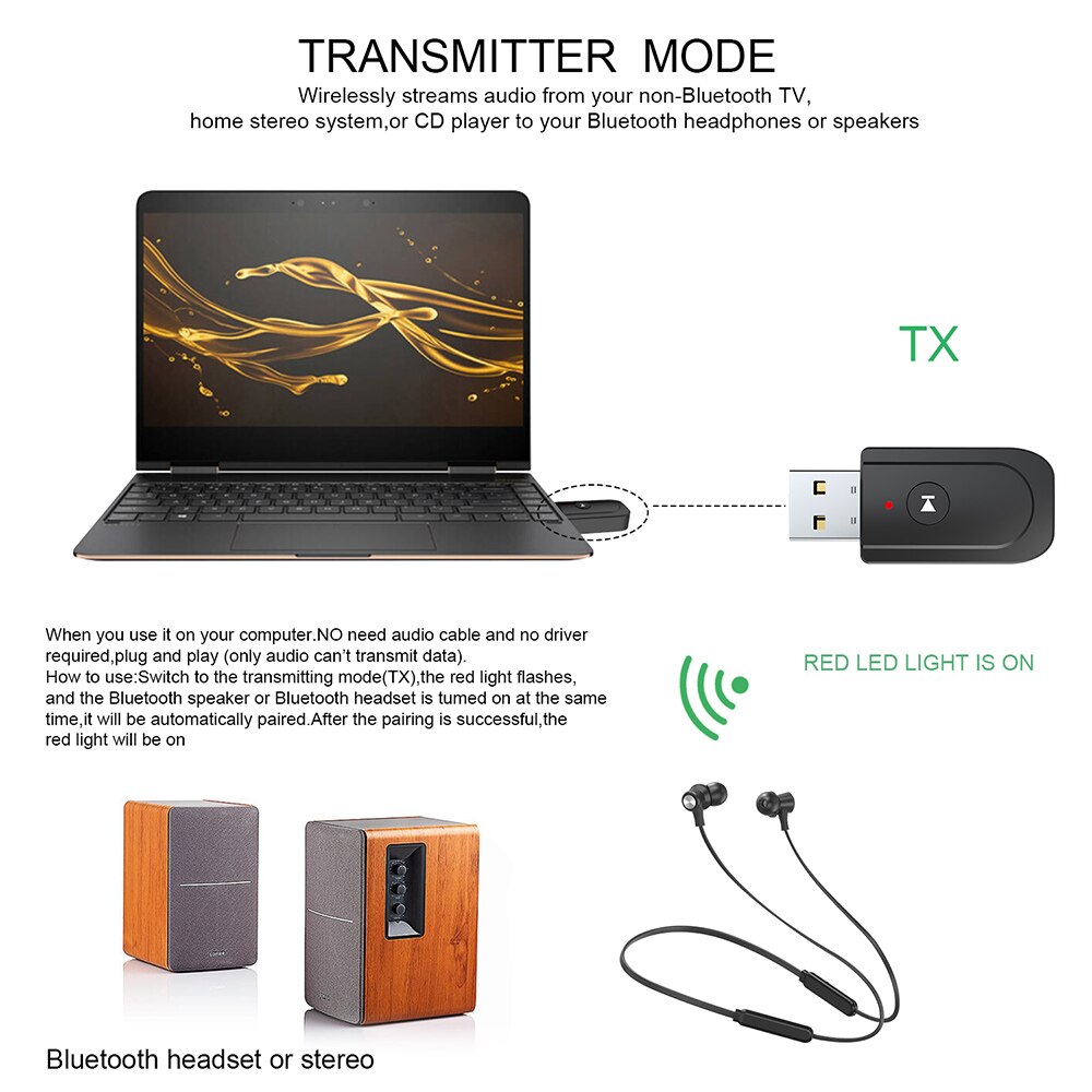 Mini USB 3 IN 1 Bluetooth 5.0 Transmitter Receiver Stereo Bluetooth RCA USB 3.5mm AUX For TV PC Headphones Home Stereo Car Audio