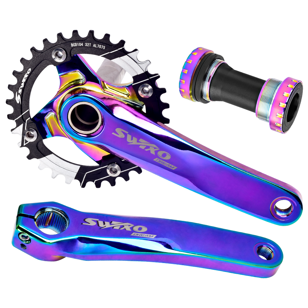 SWTXO 104BCD MTB Bike Crankset Bicycle Crank Chainwheel Rainbow Aluminum Alloy With Bottom 170mm Crank 32T 34T 36T 38T Plate