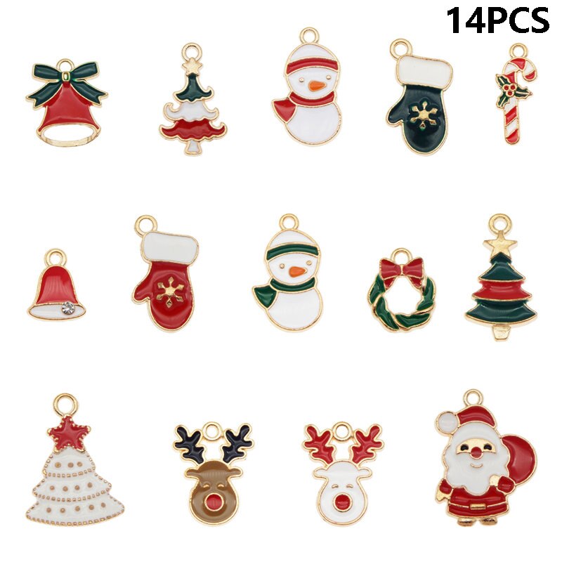 Julie Wang Enamel Christmas Charms Alloy Mixed Santa Claus Tree Bell Sock Snowman Snowflake Pendant Jewelry Making Accessory: 14PCS Mixed A