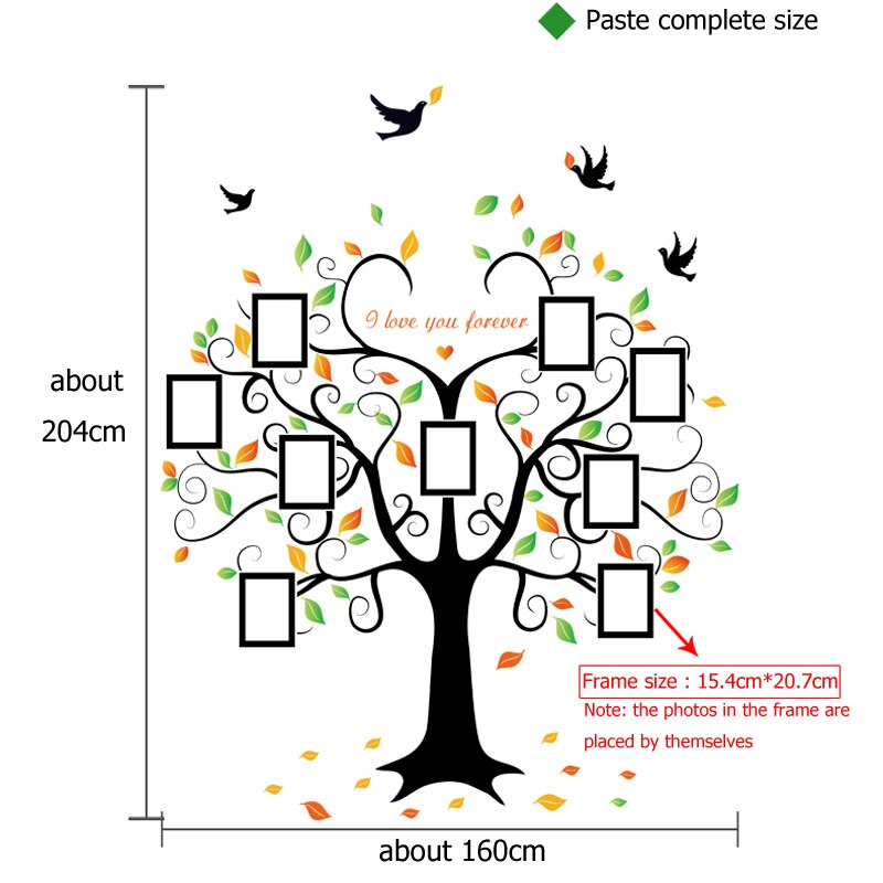 Stora 160*204cm släktträd hjärtformade fotoram väggklistermärke älskar dig för evigt fågeldekaler väggkonst heminredning avtagbar