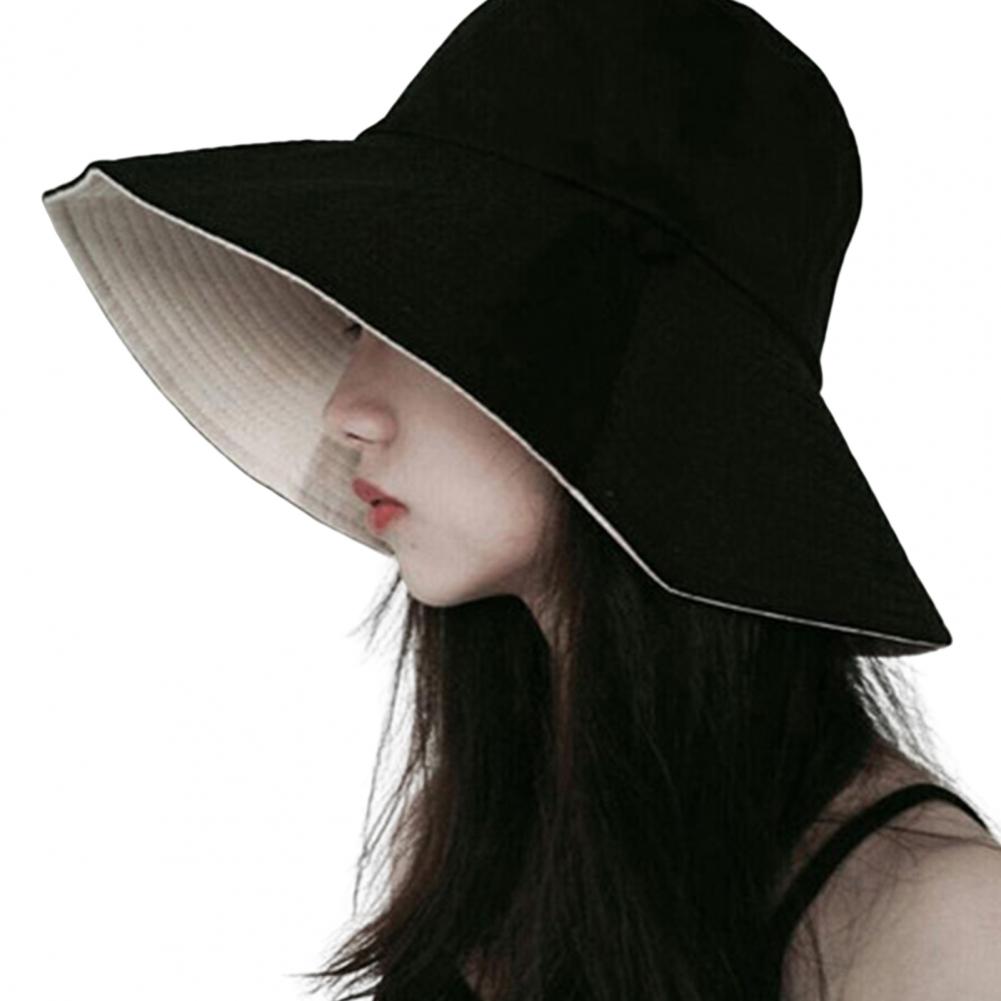 Double-sided Foldable WOmen Bucket Hat Sun Hat Solid Color Double-layered Big Sunscreen Basin Hat for Outdoor Summer: Black