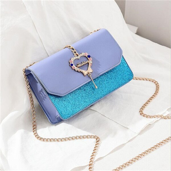 Gusure Shoulder Bag - Heart Sequin Flap - Chain Strap - Small PU Purse for Women: Blue