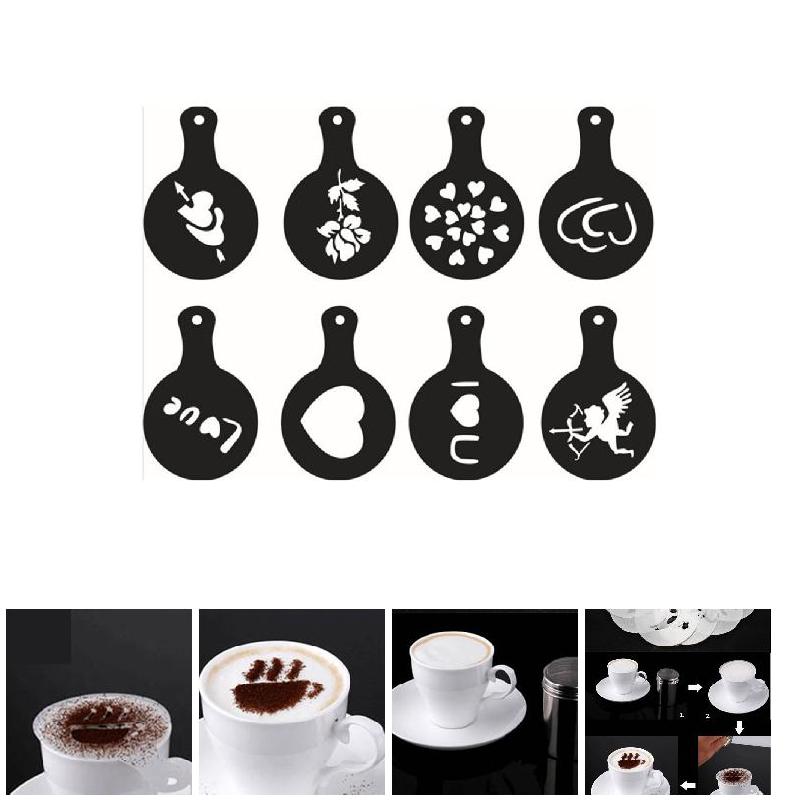 8 Stks/set Koffie Melk Cake Cupcake Stencil Plastic Template Barista Fancy Cappuccino Latte Spuiten Decoratie Tool DTT88