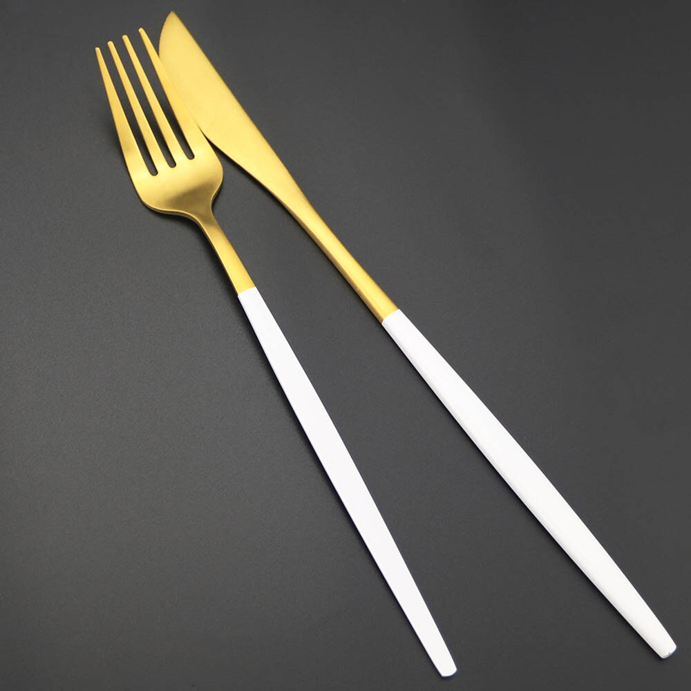 Couverts en acier inoxydable 304, 24 pièces, blanc et or mat, service de table, vaisselle, vaisselle, coutellerie, couteau, fourchette, cuillère, argenterie
