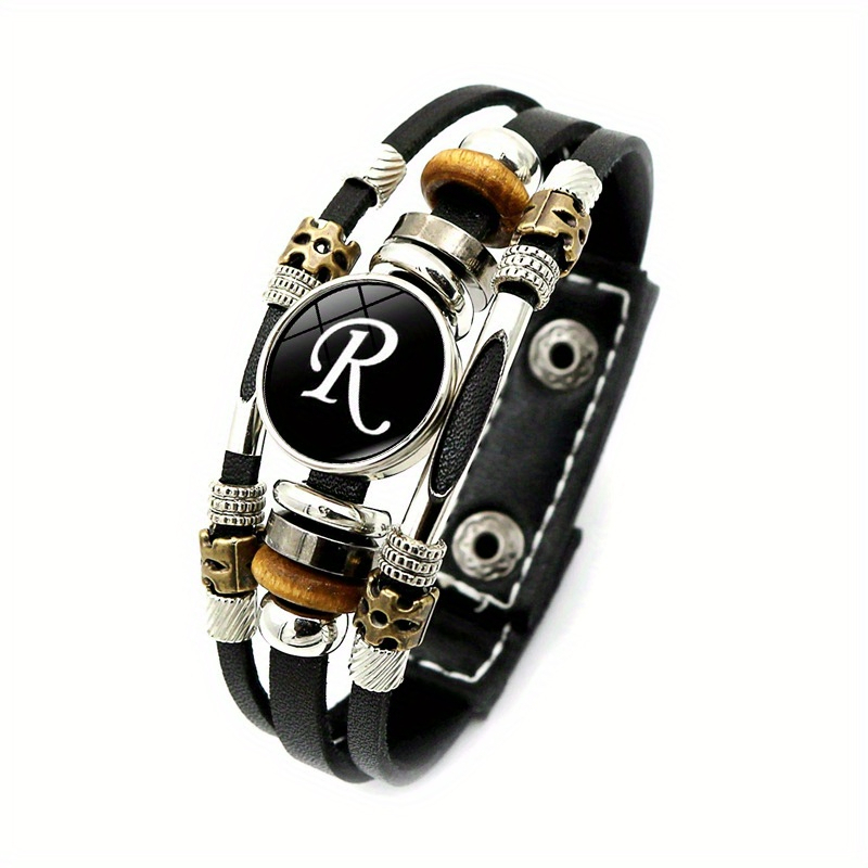 26 Engelse Letters Armbanden, Pu Lederen Armbanden, Retro Punk Stijl Handgemaakte Multi-Layer Kralen Hand Sieraden Paar: Goud-kleur