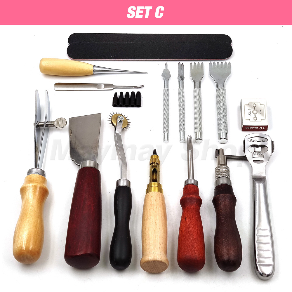 Pine Wood Leathercraft Hand Stitching Clamp Leathercraft Tool Set Kits Leather Punching Carving Saddle Groover Tools Storage DIY: SET C