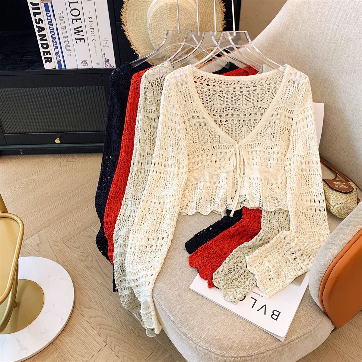 Sommer dünne Strickjacke aushöhlen Haken Langarm Sonnenschutz Schal Langarm kurze Spitzen