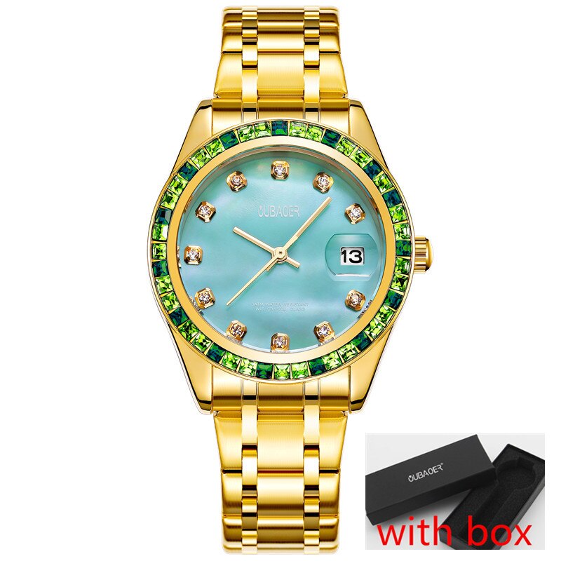 Relogios Femininos Oubaoer Top Luxe Kalender Quartz-Horloge Dames Horloges Vrouwen Rvs Strass Horloges Vrouwen: gold green 093A box