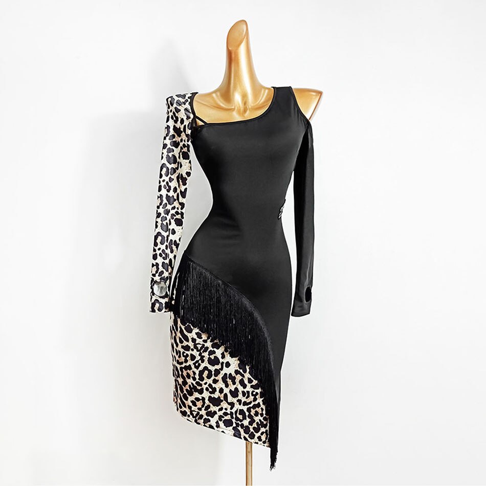 Leopard Patchwork Latin Dance Dress Women Tassel Finger Hole Long Sleeve Dancing Dress for Samba Tango Chacha Performamnce TL607